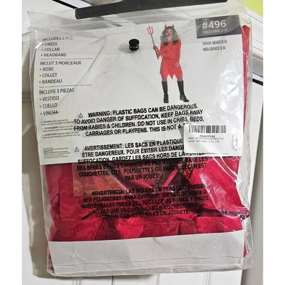 Devious Devil Costume Girls 12-14 Red Dress Horns Pitchfork Halloween Kids NEW